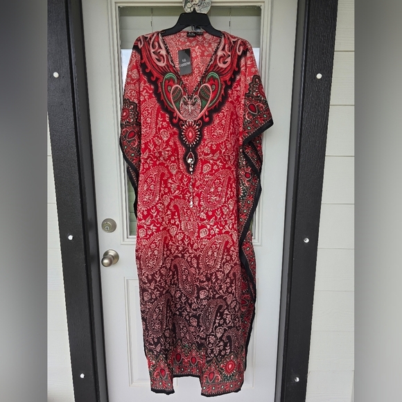 Indian Boho Paisley Kaftan Flowy Dress One Size Women Red Black Art To Wear New - Picture 2 of 13